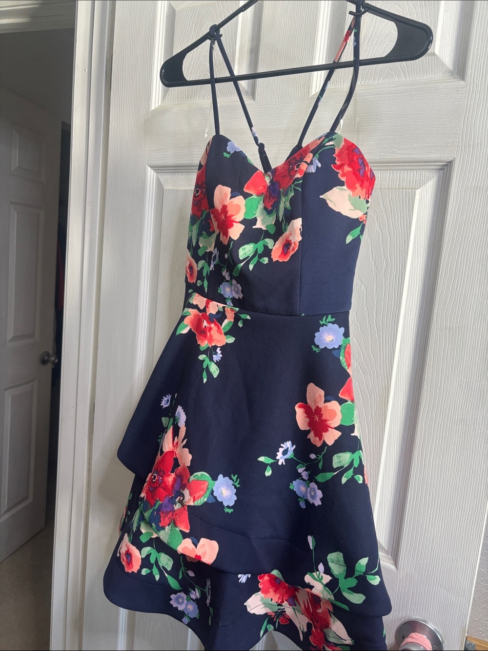 Sequin Hearts Navy Floral Mini Dress with Red & Pink Blooms